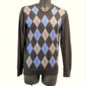 SIMONS merino wool argyle grey sweater large **Defect **